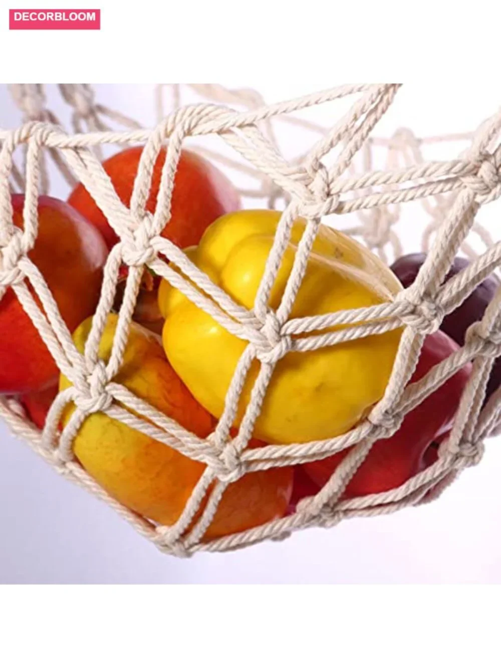 Hand-Woven Cotton Hanging Fruit Hammock with Hooks, Kitchen Storage Basket